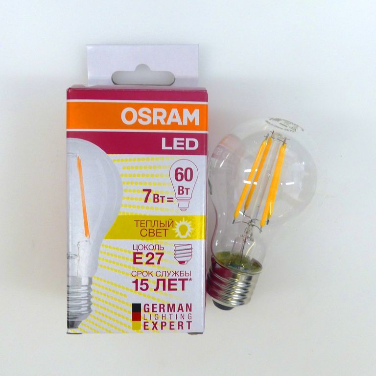 Лампа светодиодная LED 7Вт Е27 FILAMENT CLA60, тепло-бел, прозр. OSRAM