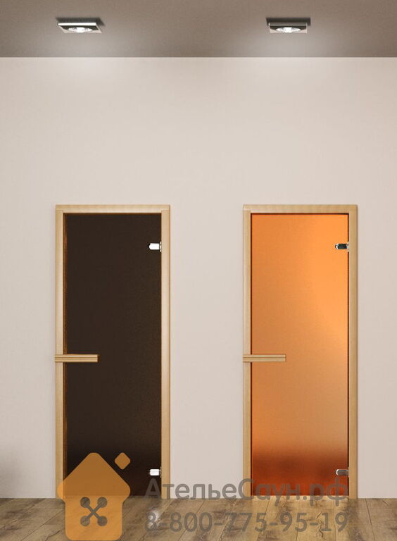 Дверь для сауны АКМА Aspen M 7х19 (матовая бронза, 8 мм, коробка осина, арт 2