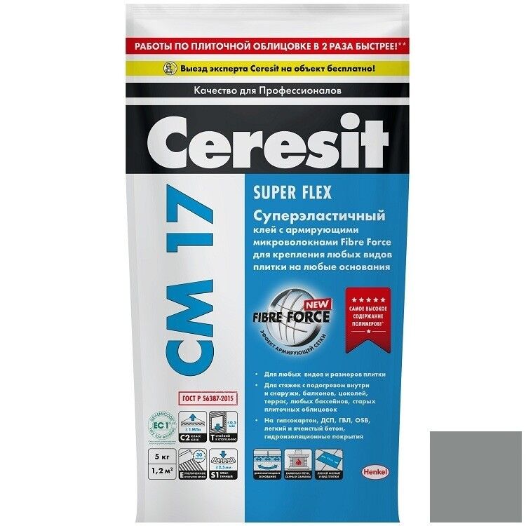 Клей для плитки Ceresit CM 17 Super Flex серый 5 кг