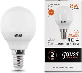 Лампа светодиодная GAUSS LED Elementary Шар 8W E14 520lm 3000K 53118 Упаковка 10шт