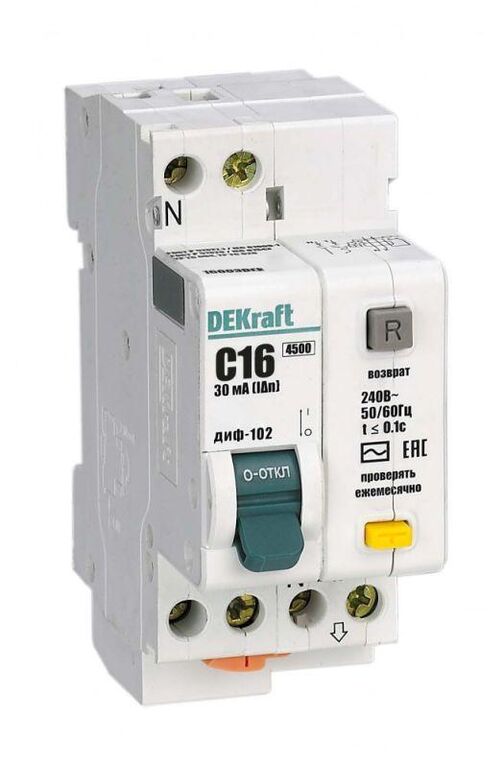 Выключатель автоматический дифференциального тока 2п (1P+N) C 16 А 30мА тип AC 4.5кА ДИФ-102 2мод. DEKraft 16003DEK