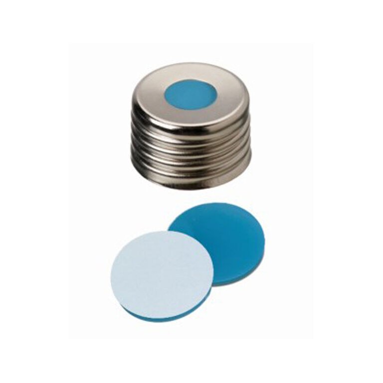 Крышка магнитная N 18 серебристая с отверстием, септа белый силикон / синий ПТФЭ