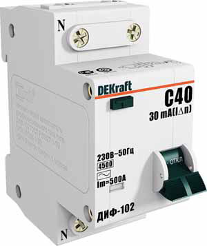 Дифференциальный автомат (АВДТ) 1п+N 40А С 4,5кА ДИФ-102 DEKraft