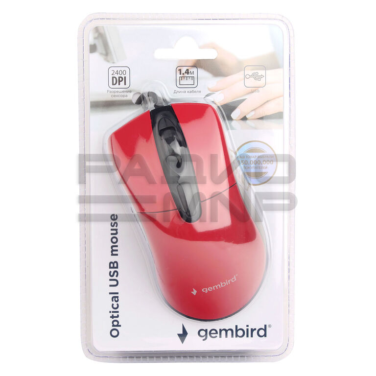 Мышь компьютерная "Gembird" MOP-415-R, USB, 3кн.+колесо кнопка, 2400DPI, кабель 1,4м (красный) 6