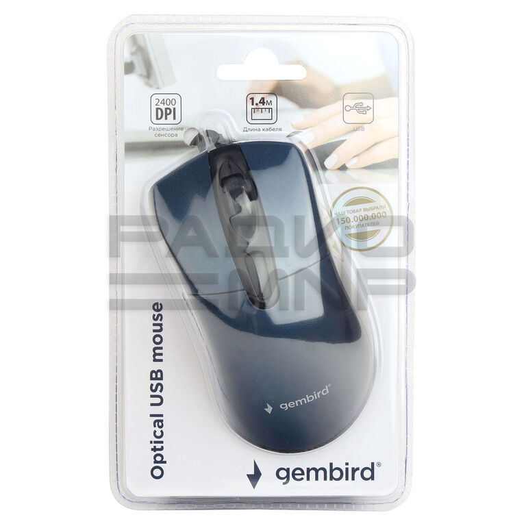 Мышь компьютерная "Gembird" MOP-415-B, USB, 3кн.+колесо кнопка, 2400DPI, кабель 1,4м (синий) 6